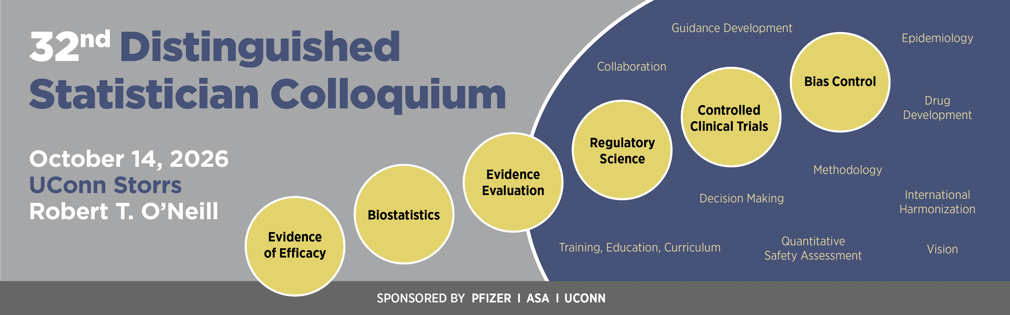 32nd Distinguished Statistician Colloquium, Oct 14, 2026 at UConn Storrs, honoring Dr. Robert T. O'Neill. Word bubbles highlighting key terms regarding Dr. O'Neill's career: Evidence of Efficacy, Biostatistics, Evidence Evaluation, Regulatory Science.